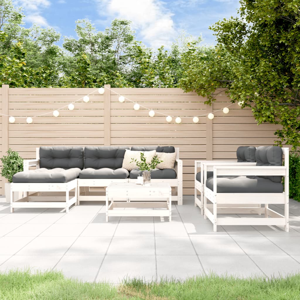 Set Divani Da Giardino 7pz Con Cuscini In Legno Massello Bianco