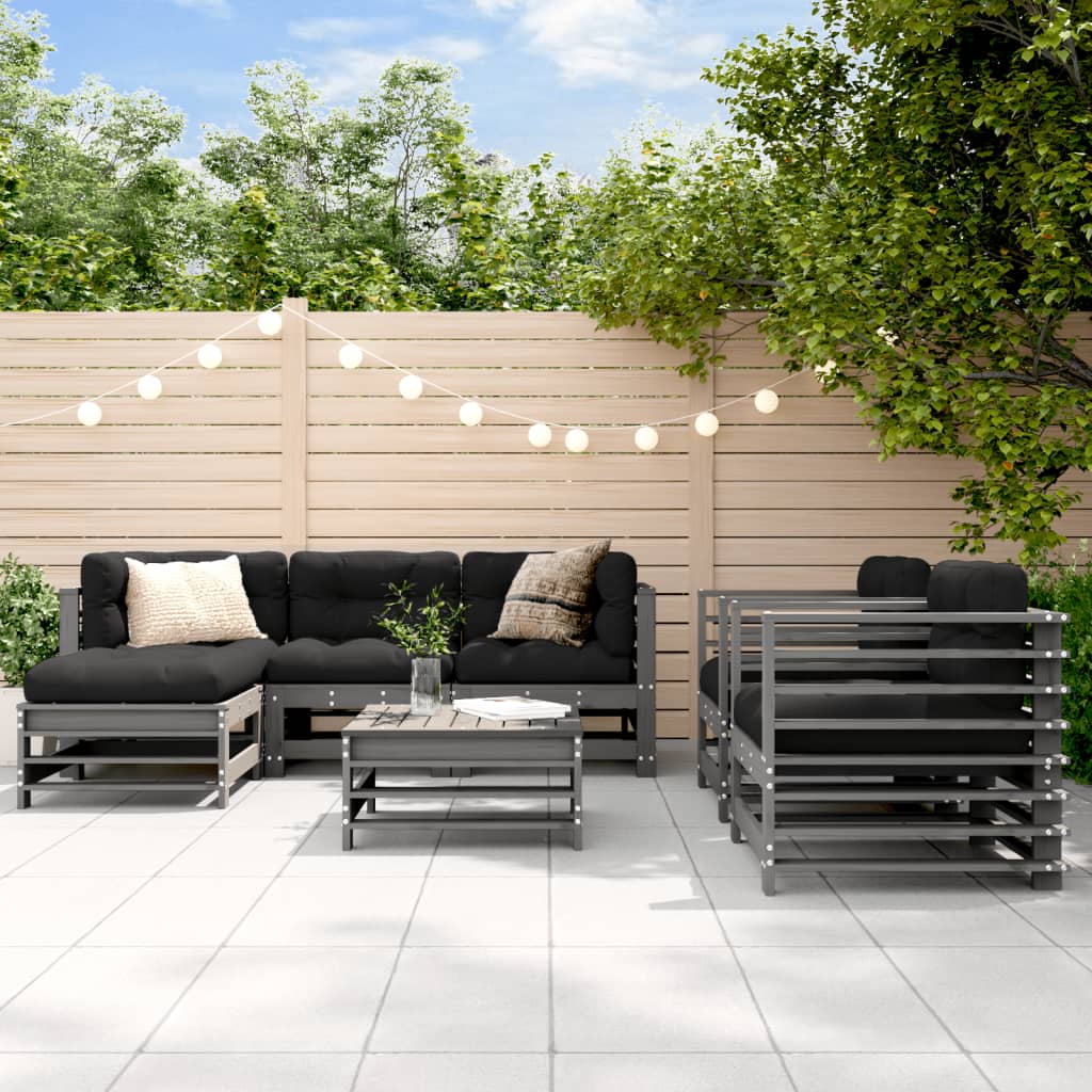 Set Divani Da Giardino 7pz Con Cuscini In Legno Massello Grigio