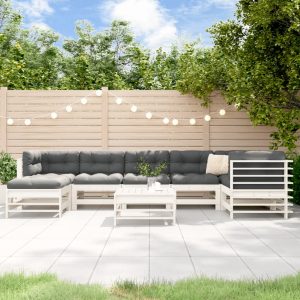 Set Divani Da Giardino 8pz Con Cuscini In Legno Massello Bianco
