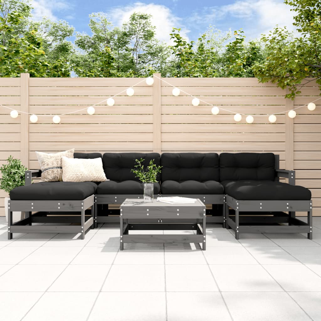 Set Divani Da Giardino 7pz Con Cuscini In Legno Massello Grigio