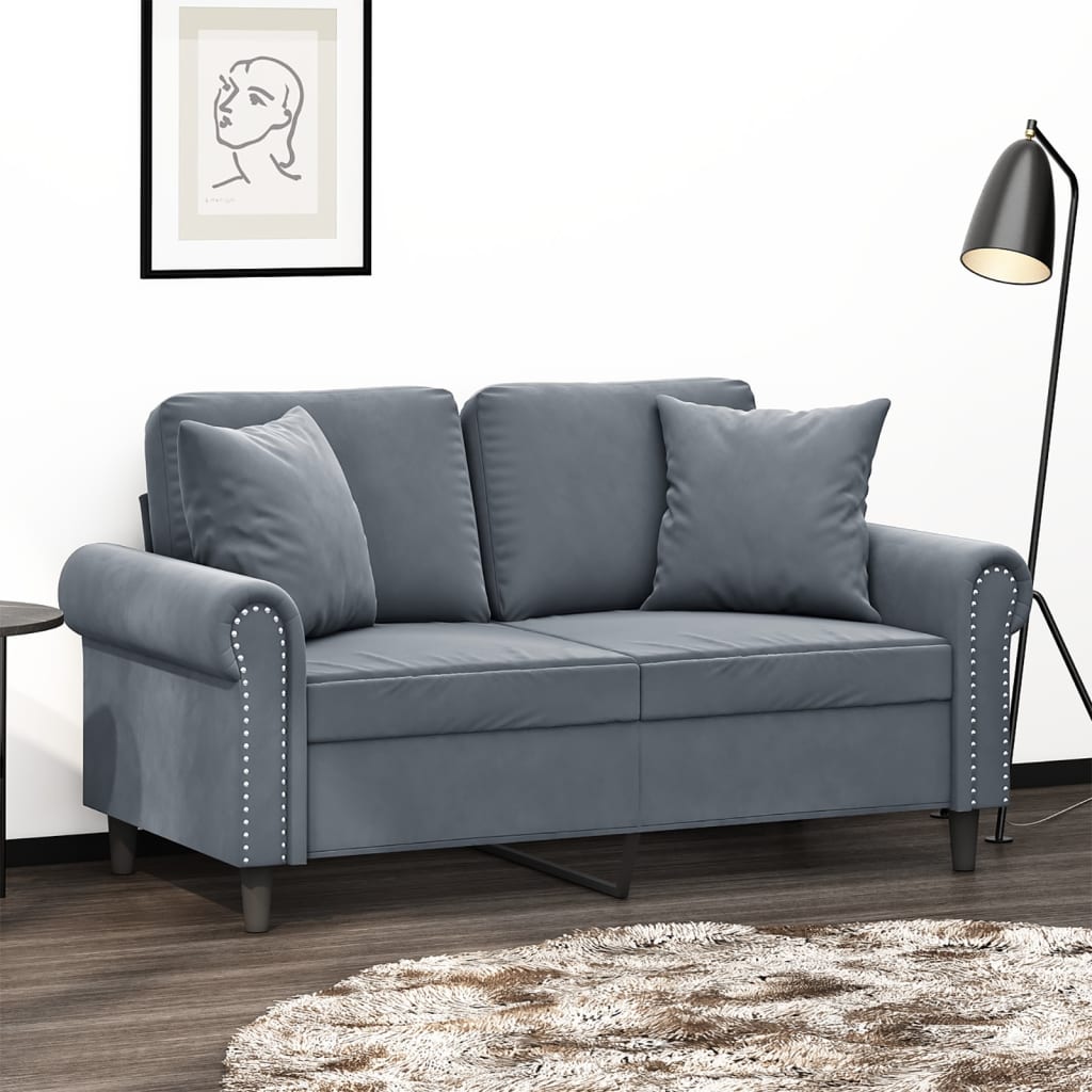 Divano A 2 Posti Con Cuscini Grigio Scuro 120 Cm In Velluto