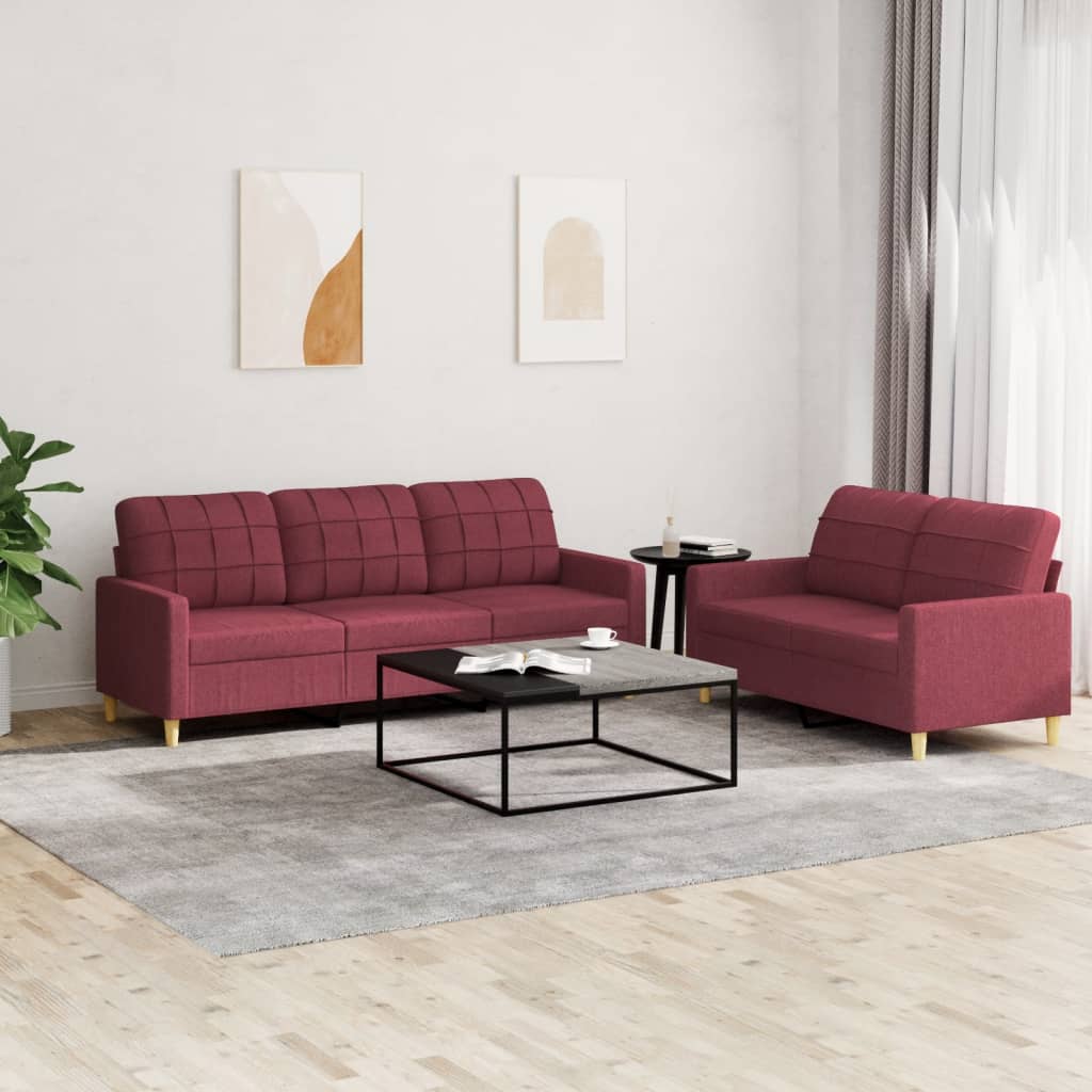 Set Di Divani 2 Pz Con Cuscini Rosso Vino In Tessuto