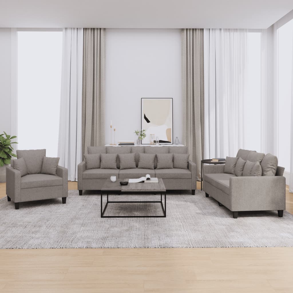 Set Divani 3 Pz Con Cuscini Tortora In Tessuto