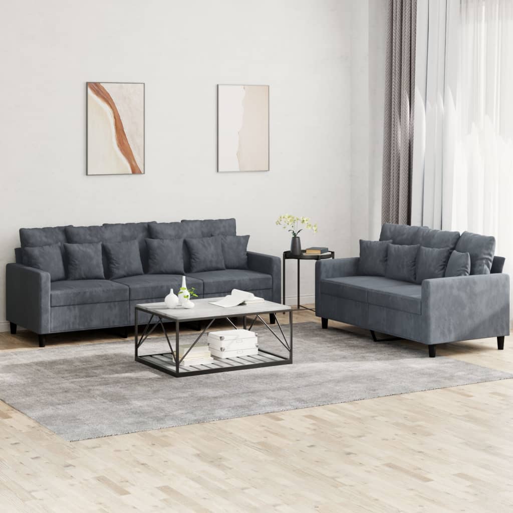 Set Di Divani 2 Pz Con Cuscini Grigio Scuro In Velluto