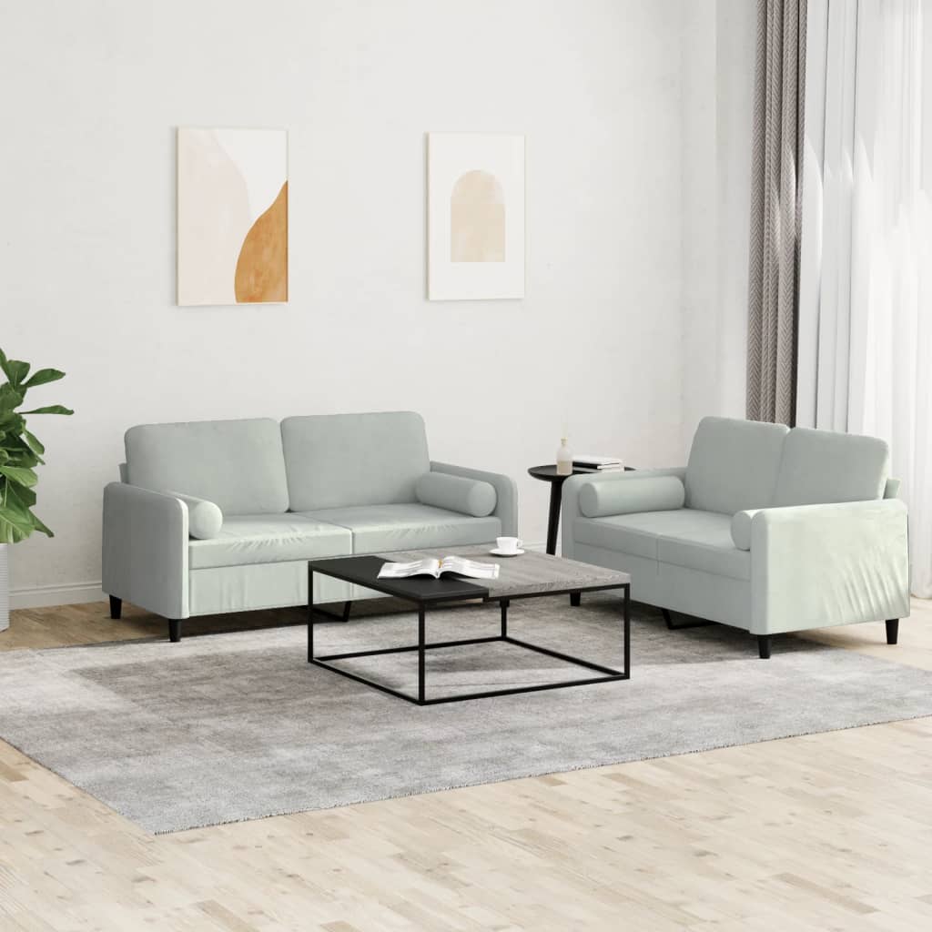 Set Di Divani 2 Pz Con Cuscini Grigio Chiaro In Velluto