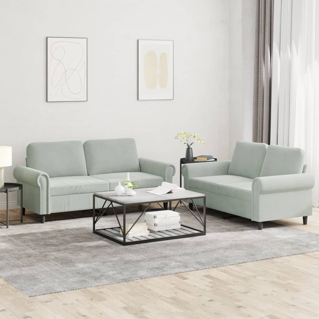 Set Di Divani 2 Pz Con Cuscini Grigio Chiaro In Velluto