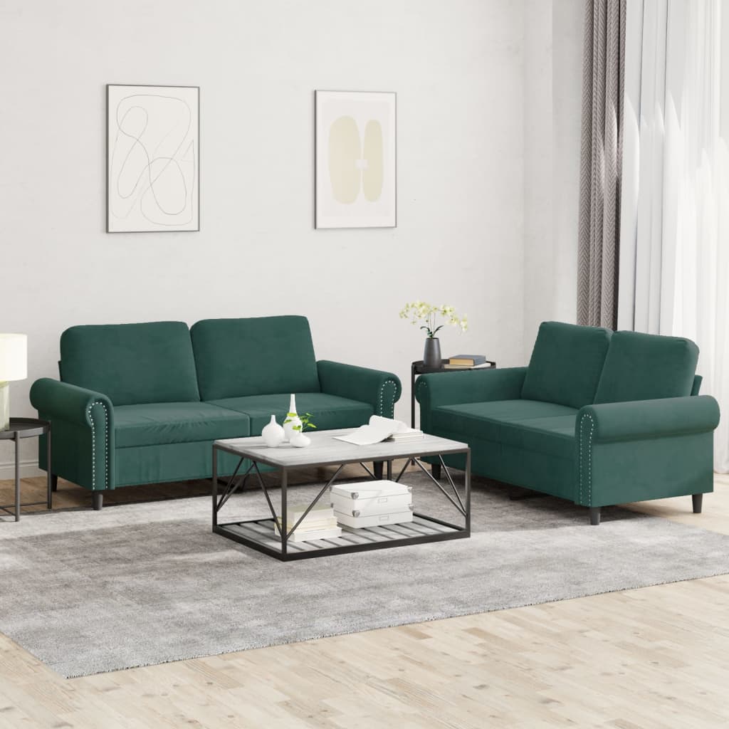 Set Di Divani 2 Pz Con Cuscini Verde Scuro In Velluto