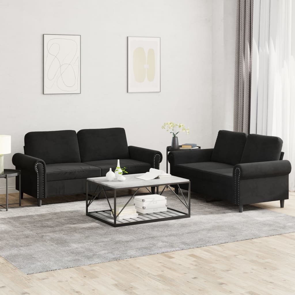 Set Di Divani 2 Pz Con Cuscini Nero In Velluto