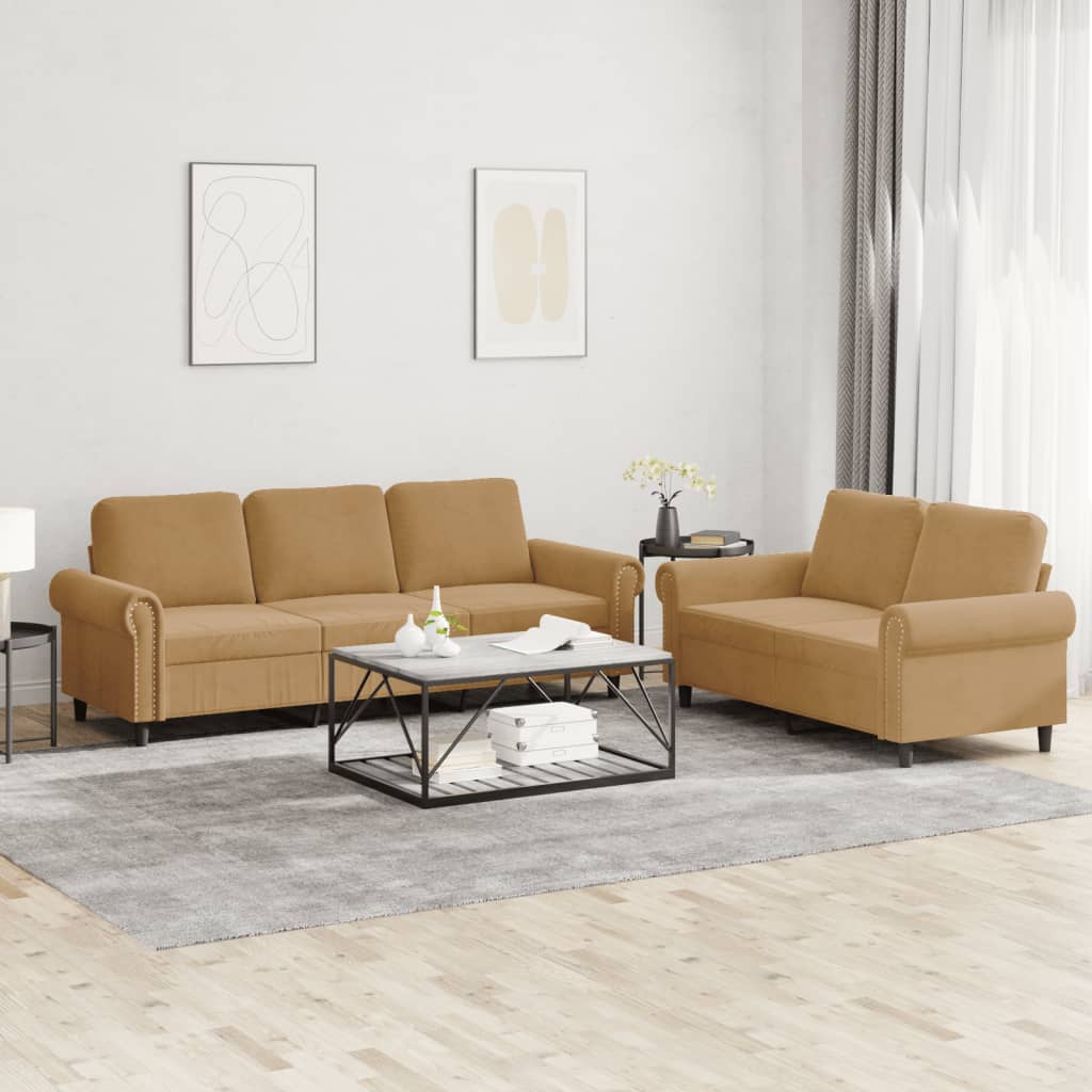 Set Di Divani 2 Pz Con Cuscini Marrone In Velluto