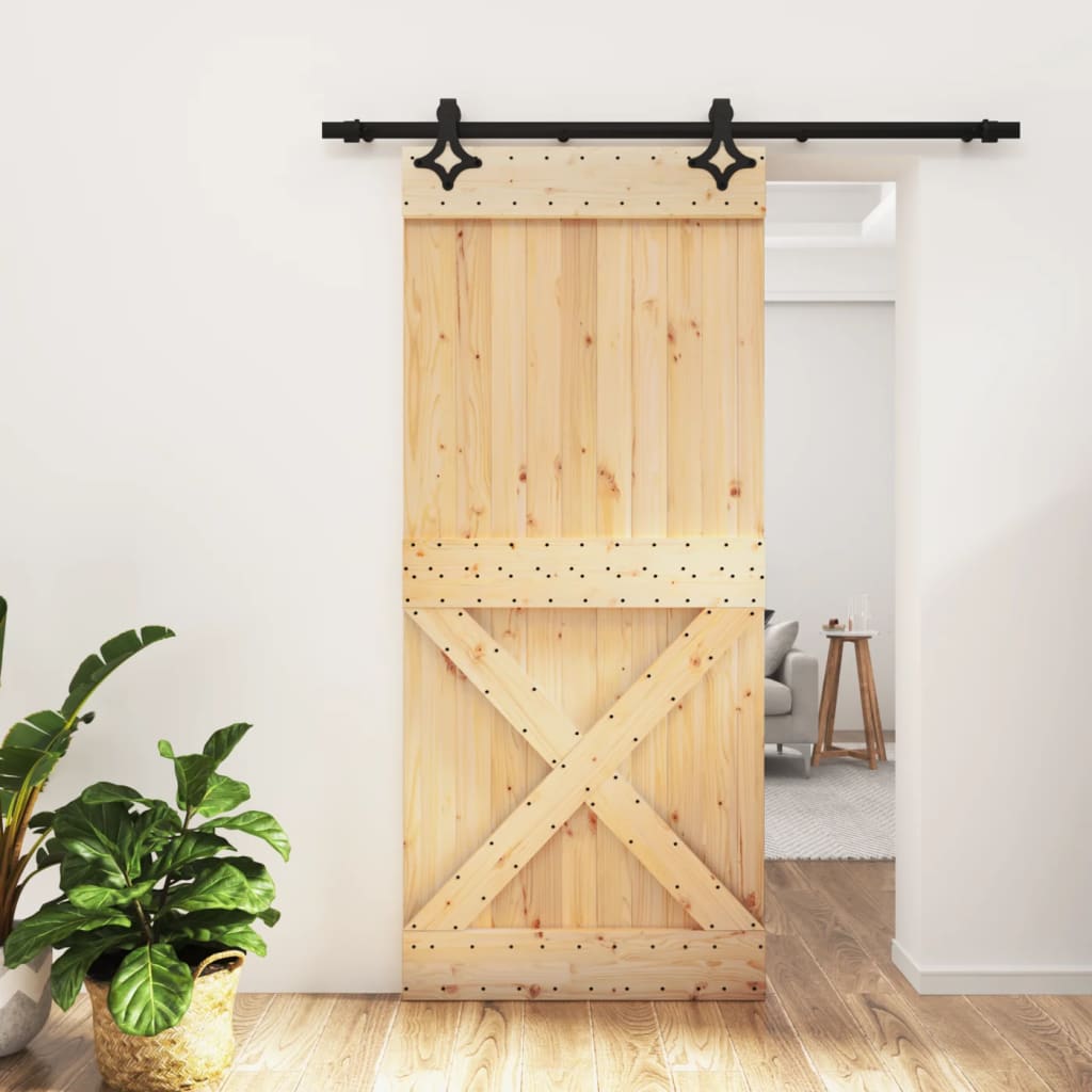 Porta Scorrevole Con Set Hardware 90x210 Cm Legno Massello Pino