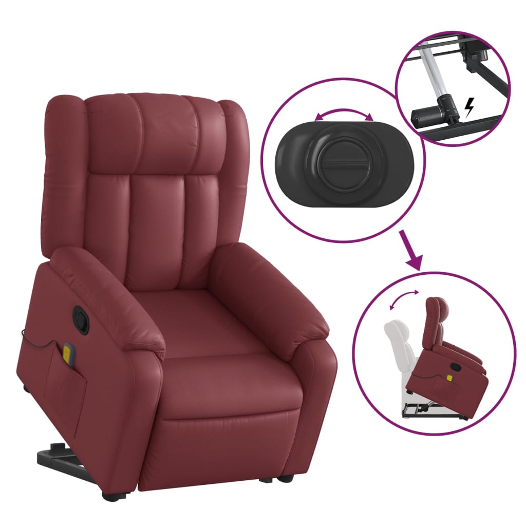 Poltrona Alzapersone Massaggi Reclinabile Rosso Vino Similpelle - Image 6