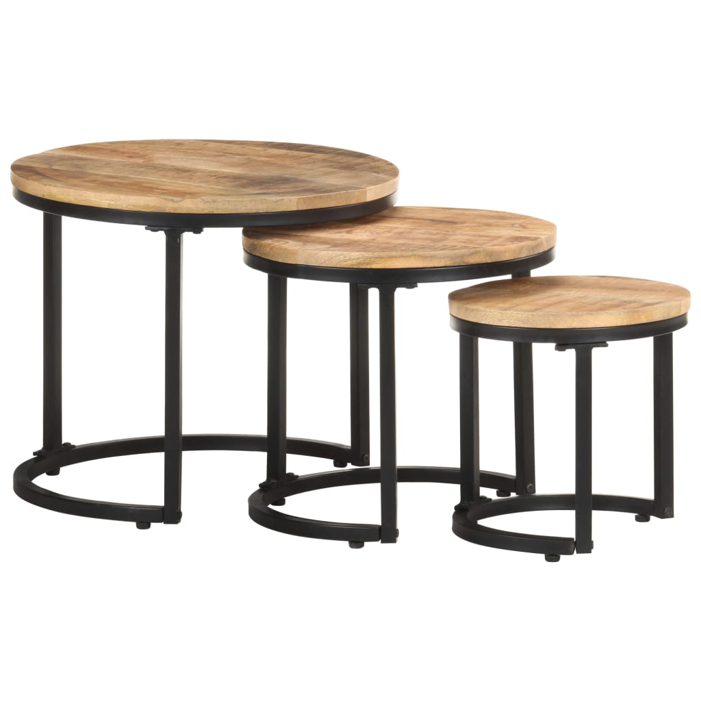 Tavolini Laterali 3 Pz In Legno Di Mango Grezzo