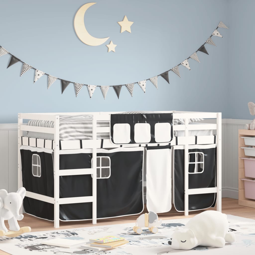 Letto A Soppalco Con Tende Bambini Bianco E Nero 90x200 Cm Pino