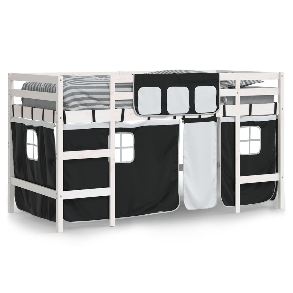 Letto A Soppalco Con Tende Bambini Bianco E Nero 90x200 Cm Pino - Image 3