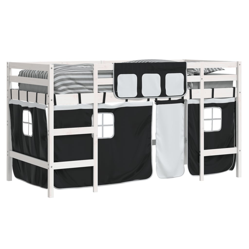 Letto A Soppalco Con Tende Bambini Bianco E Nero 90x200 Cm Pino - Image 4
