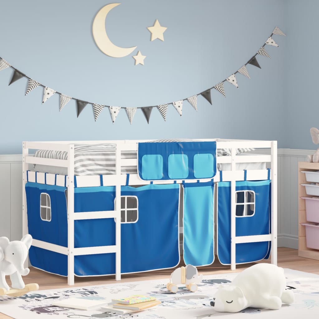 Letto A Soppalco Con Tende Bambini Blu 90x200 Cm Massello Pino