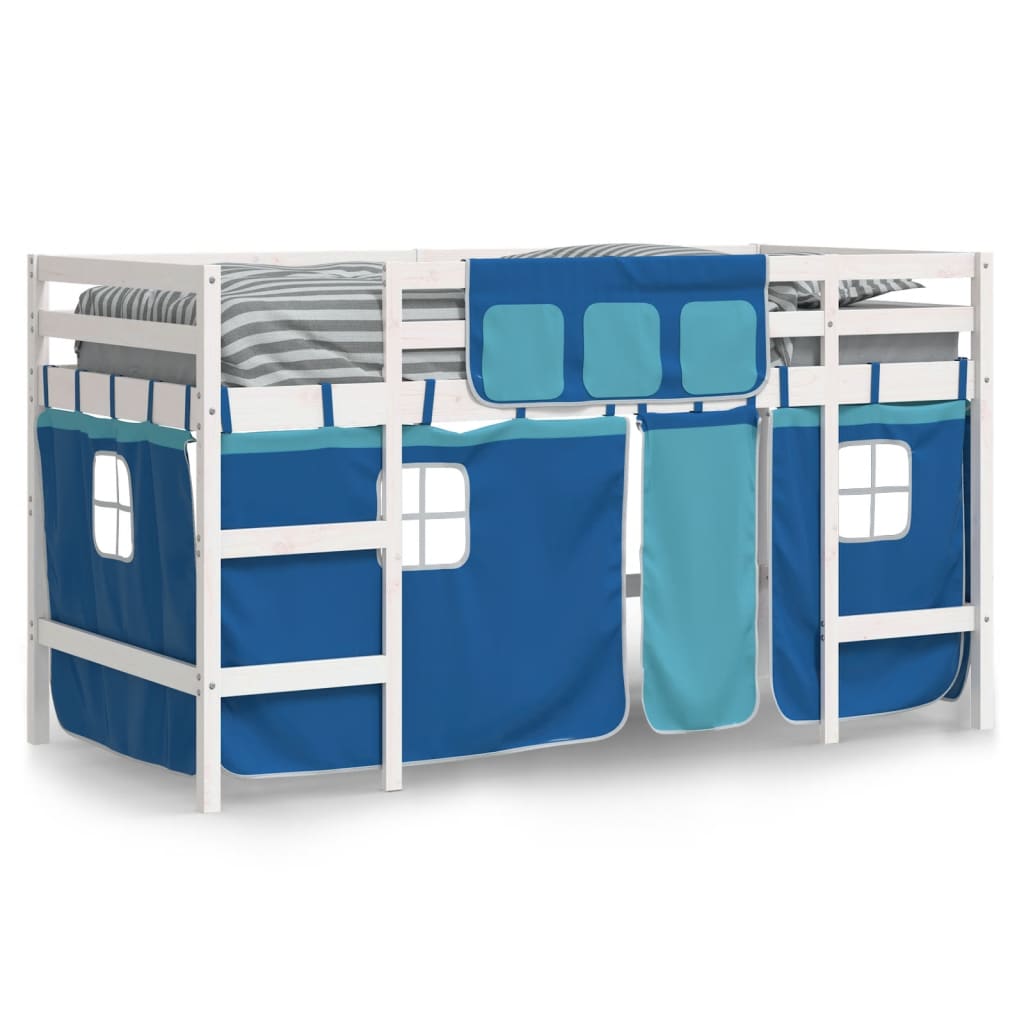 Letto A Soppalco Con Tende Bambini Blu 90x200 Cm Massello Pino - Image 3