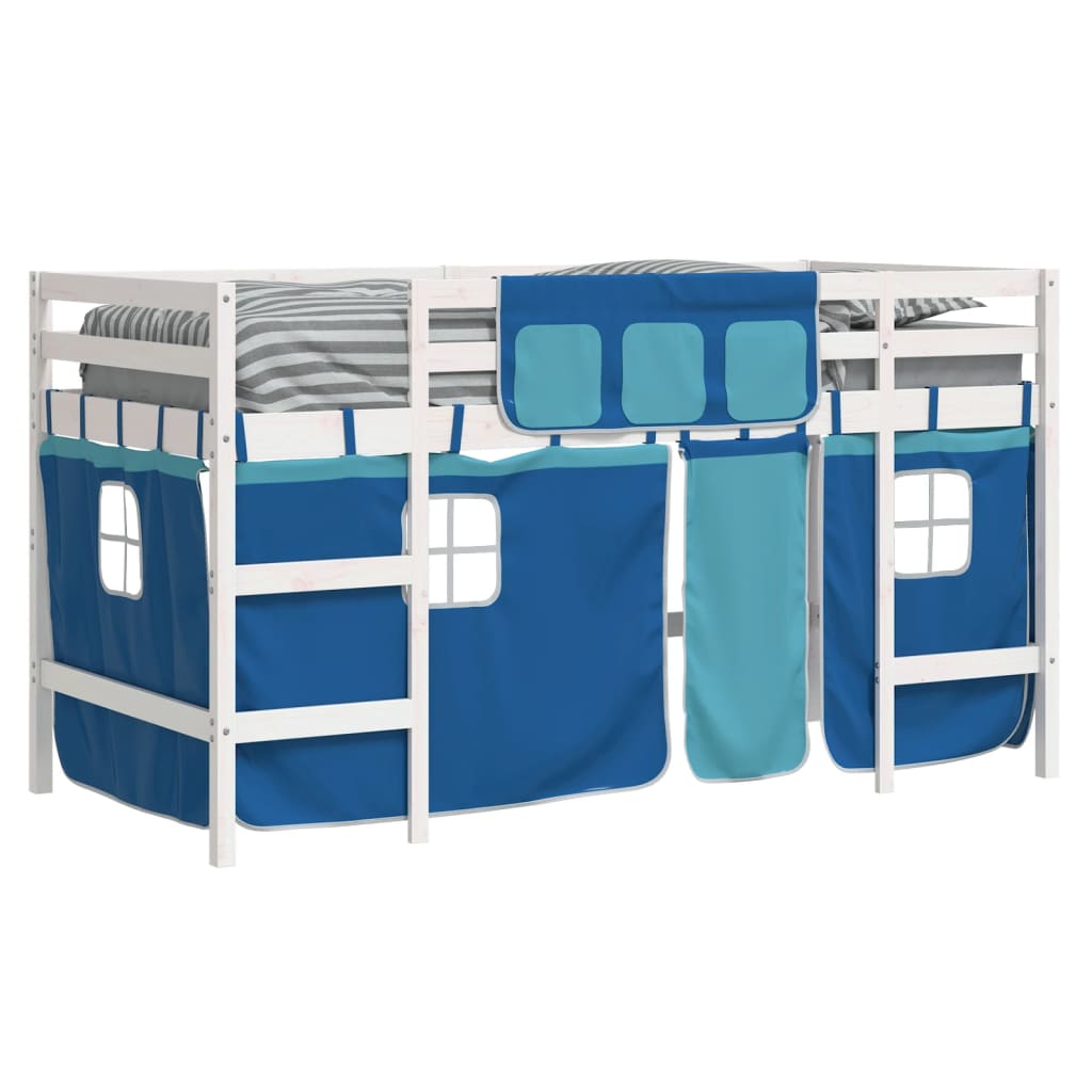 Letto A Soppalco Con Tende Bambini Blu 90x200 Cm Massello Pino - Image 4
