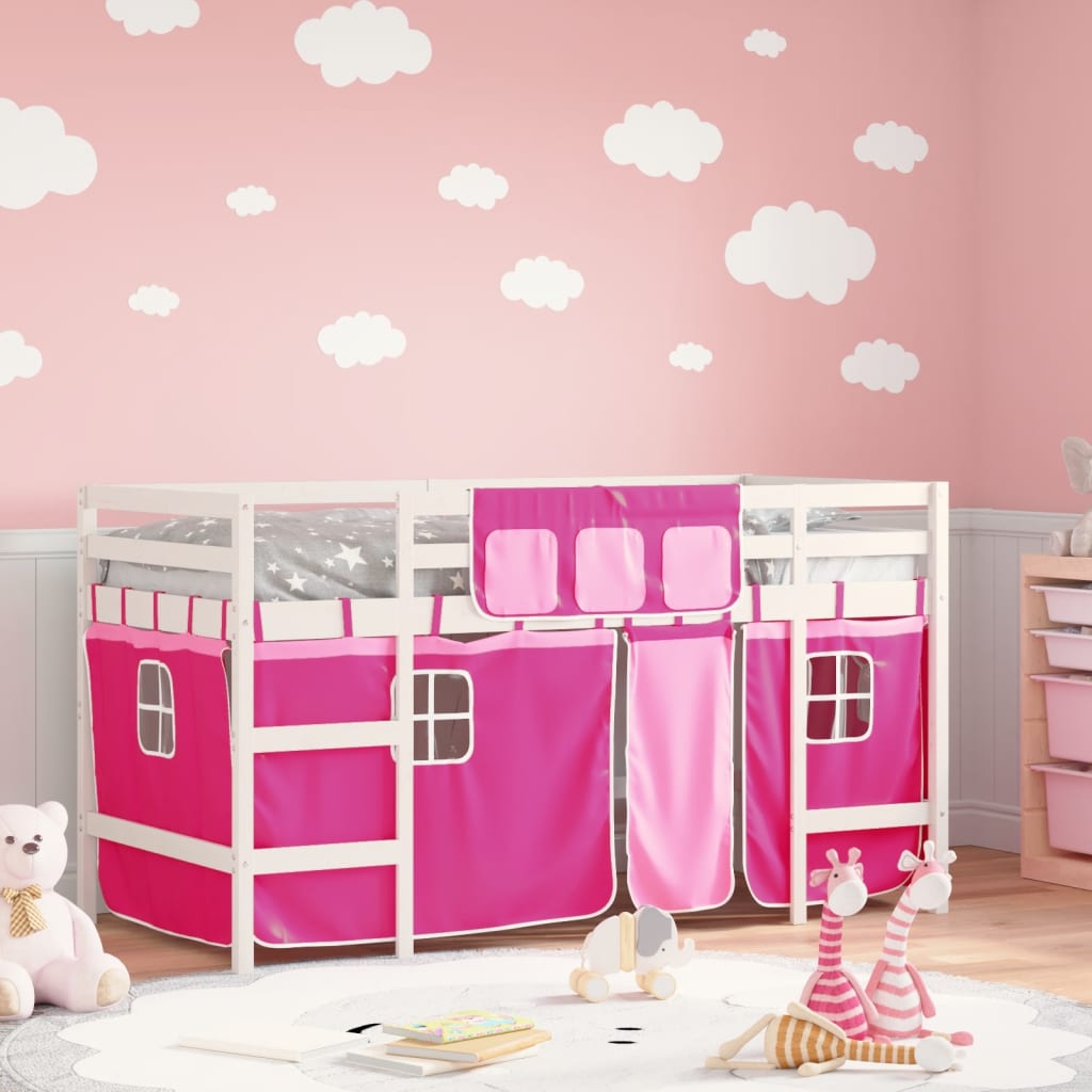 Letto A Soppalco Con Tende Bambini Rosa 90x200 Cm Massello Pino