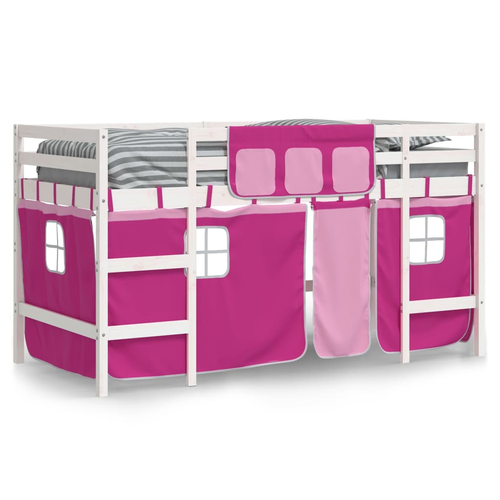 Letto A Soppalco Con Tende Bambini Rosa 90x200 Cm Massello Pino - Image 3