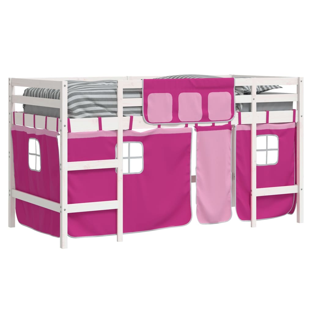 Letto A Soppalco Con Tende Bambini Rosa 90x200 Cm Massello Pino - Image 4