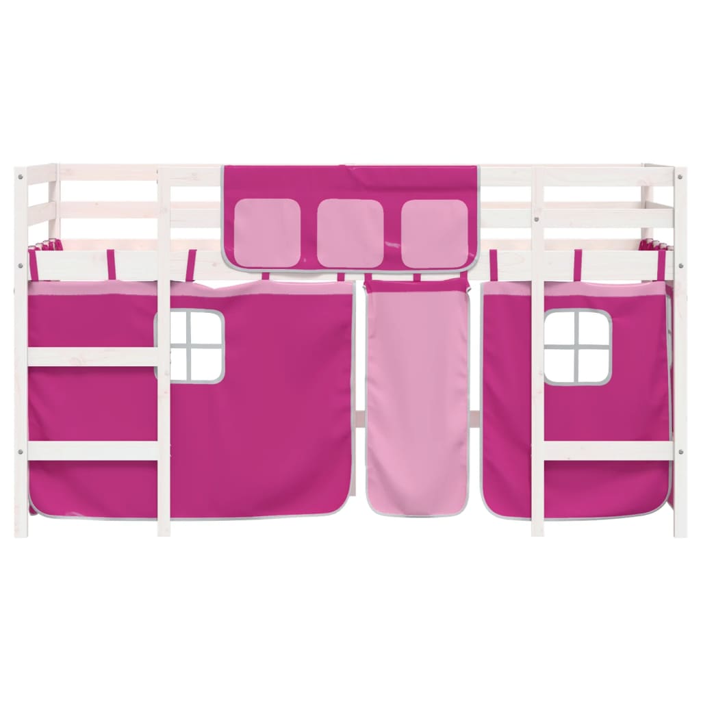 Letto A Soppalco Con Tende Bambini Rosa 90x200 Cm Massello Pino - Image 5