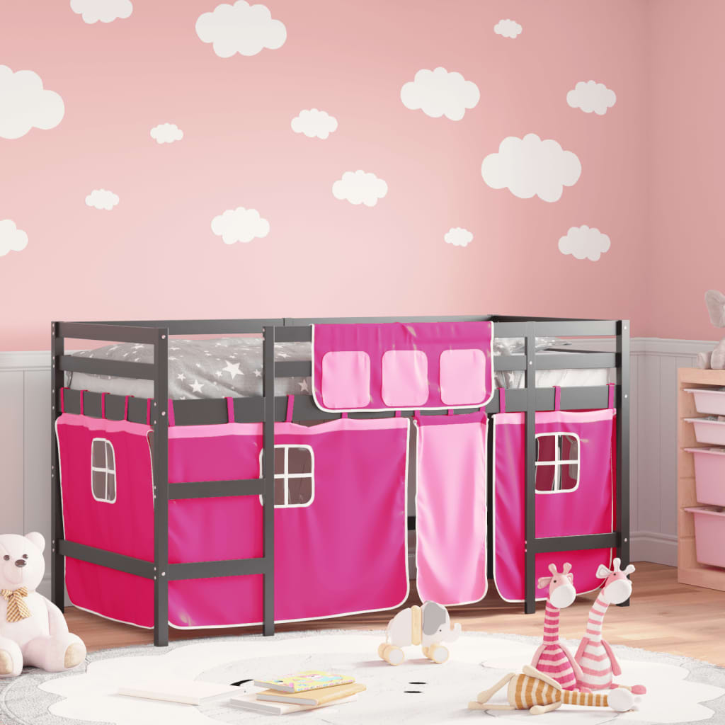 Letto A Soppalco Con Tende Bambini Rosa 90x200 Cm Massello Pino