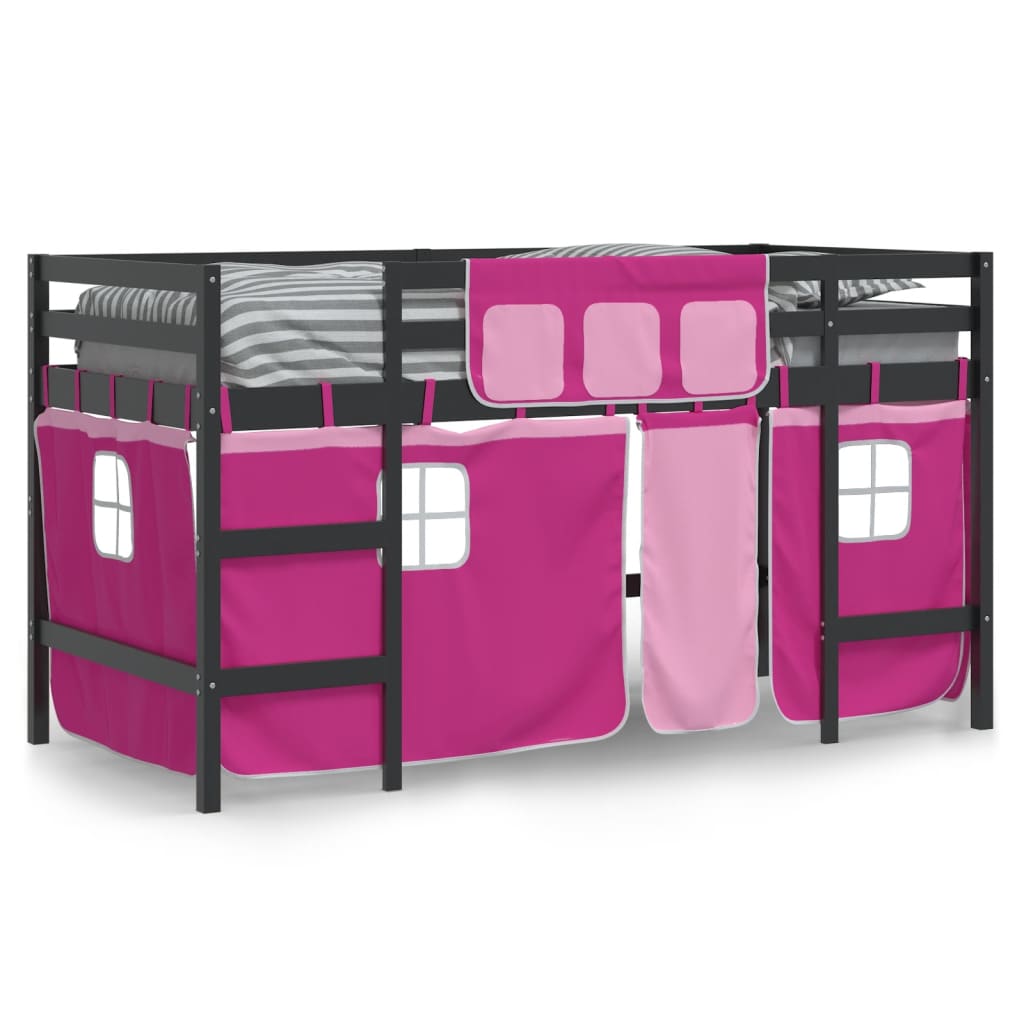 Letto A Soppalco Con Tende Bambini Rosa 90x200 Cm Massello Pino - Image 3