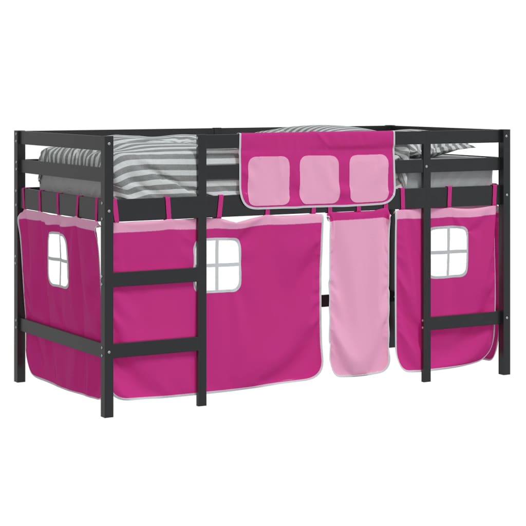Letto A Soppalco Con Tende Bambini Rosa 90x200 Cm Massello Pino - Image 4