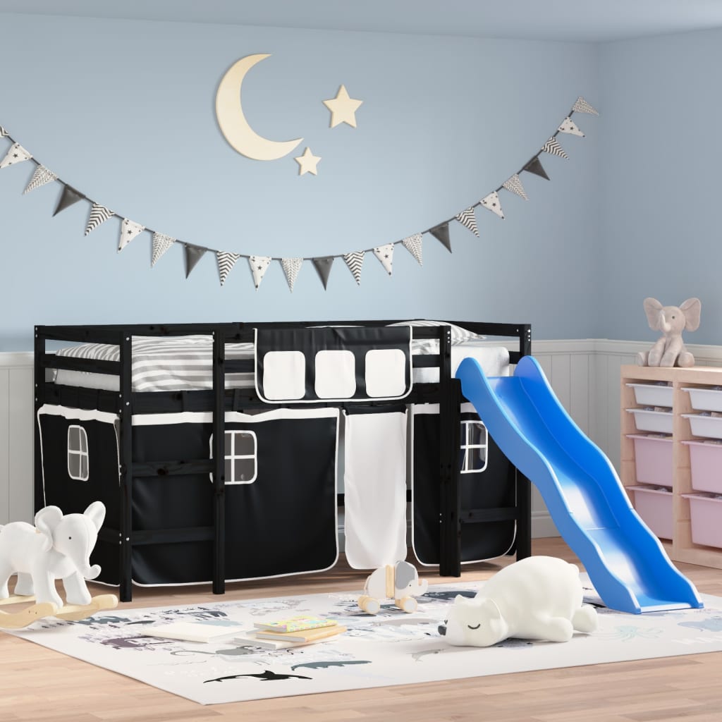 Letto A Soppalco Bambini Con Tende Bianco E Nero 90x190 Cm Pino