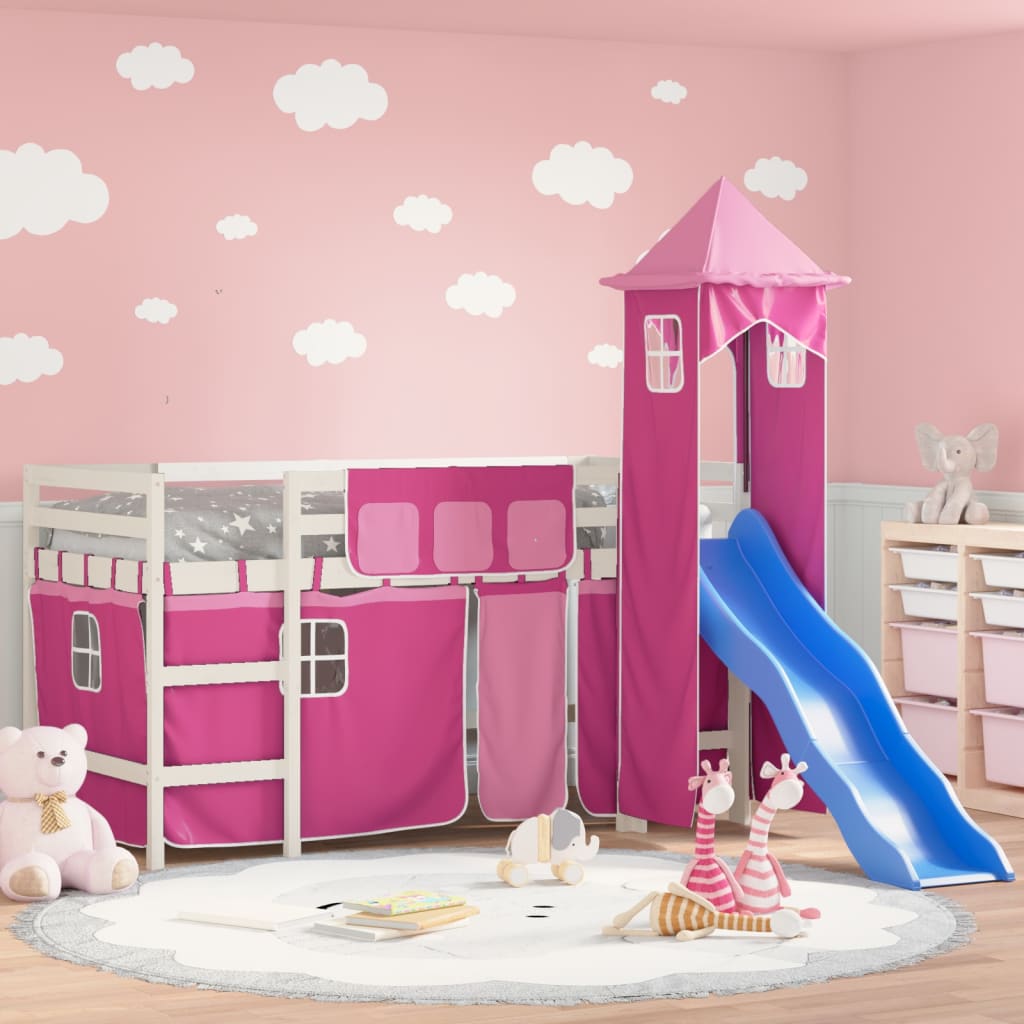 Letto A Soppalco Con Torre Bambini Rosa 80x200cm Massello Pino