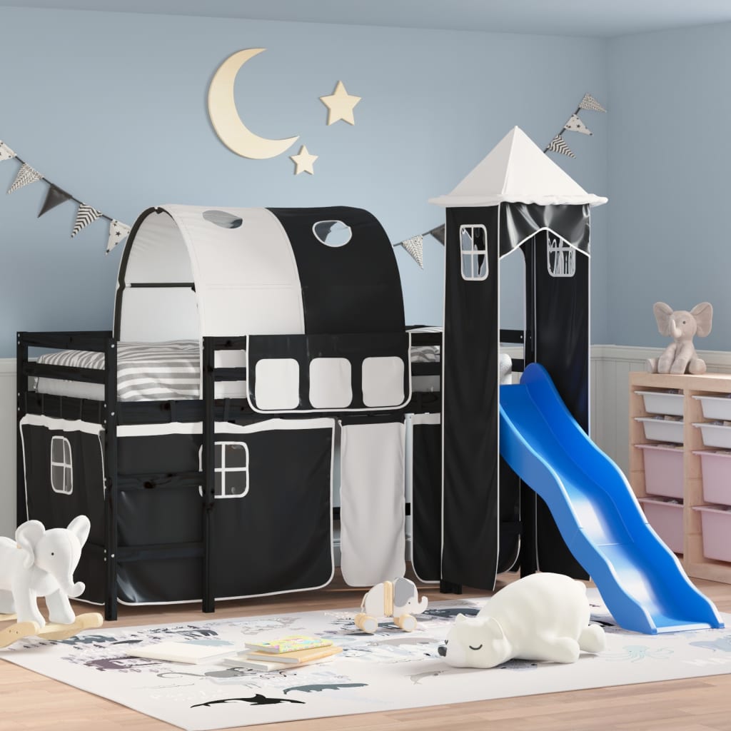Letto A Soppalco Con Torre Bambini Bianco E Nero 80x200cm Pino