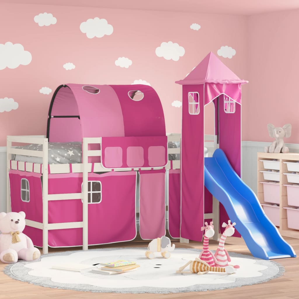Letto A Soppalco Con Torre Bambini Rosa 90x200cm Massello Pino