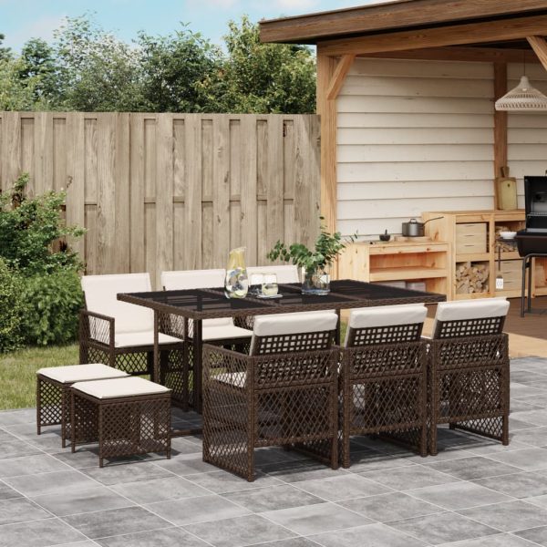 Set Da Pranzo Da Giardino 11 Pz Con Cuscini Polyrattan Marrone