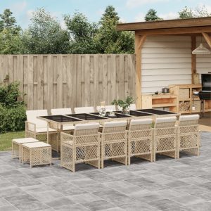 Set Da Pranzo Da Giardino 15 Pz Con Cuscini Beige In Polyrattan