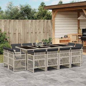 Set Da Pranzo Da Giardino 13pz Con Cuscini Grigio In Polyrattan
