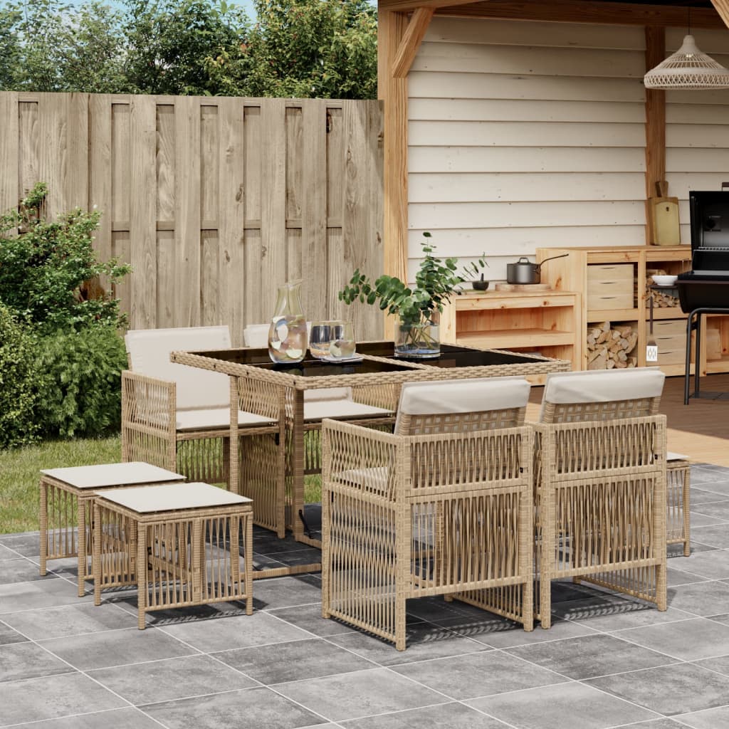 Set Da Pranzo Da Giardino 9 Pz Con Cuscini Beige In Polyrattan