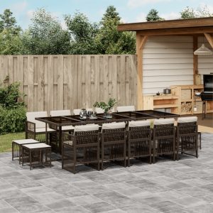 Set Da Pranzo Da Giardino 15 Pz Con Cuscini Marrone Polyrattan