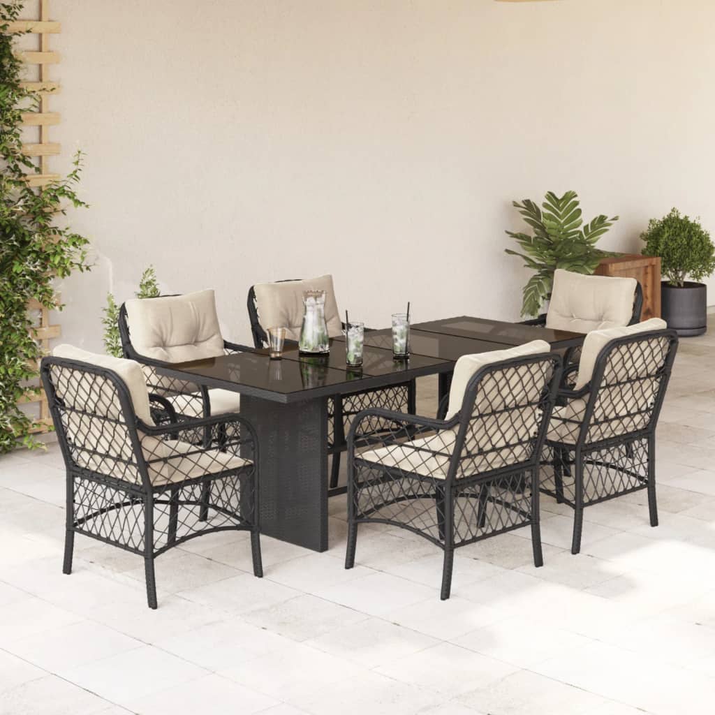 Set Da Pranzo Da Giardino 7 Pz Nero Con Cuscini In Polyrattan