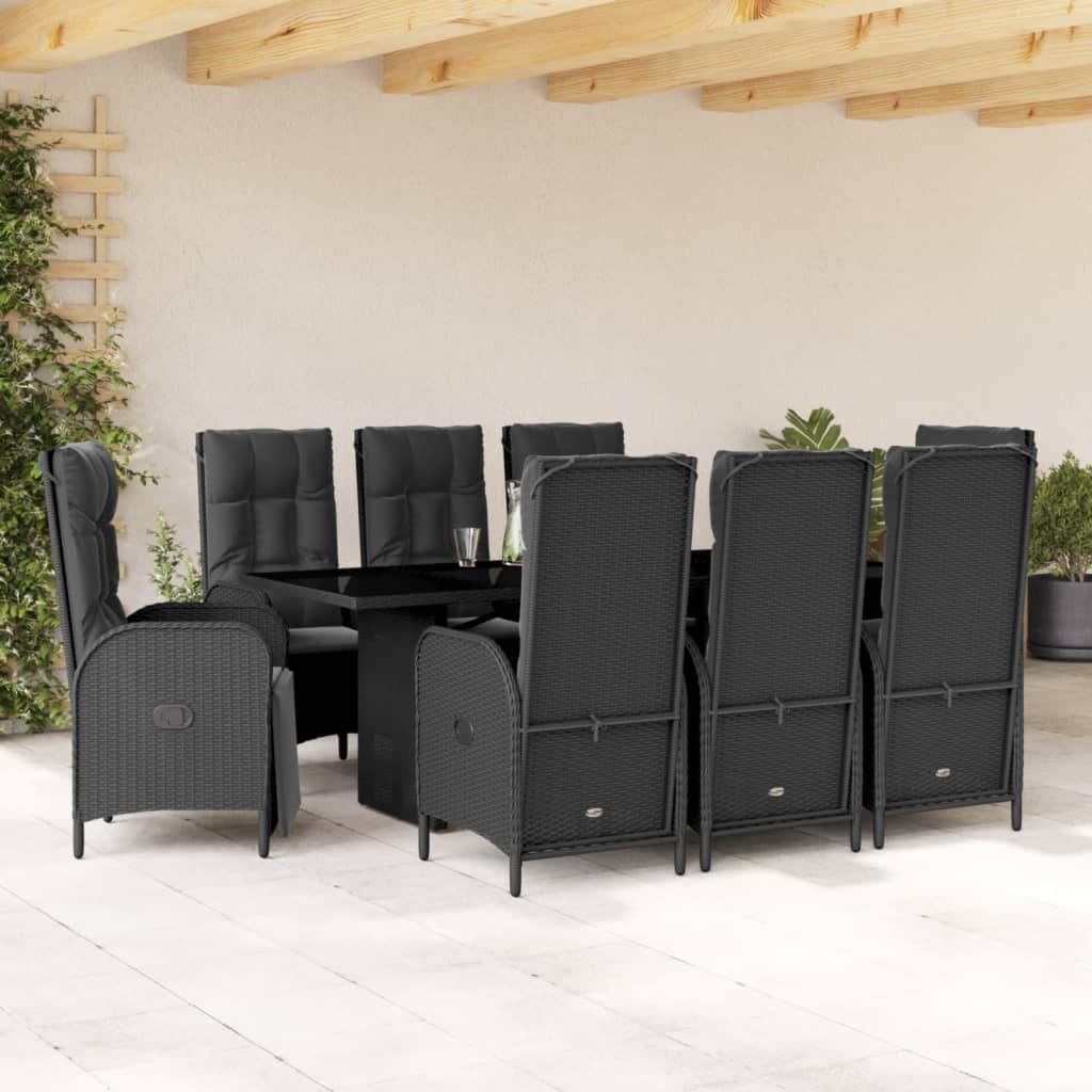 Set Da Pranzo Da Giardino 9 Pz Con Cuscini Nero In Polyrattan