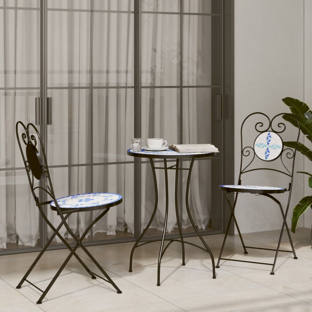 Set Da Bistrot Con Mosaico Blu E Bianco In Ferro E Ceramica