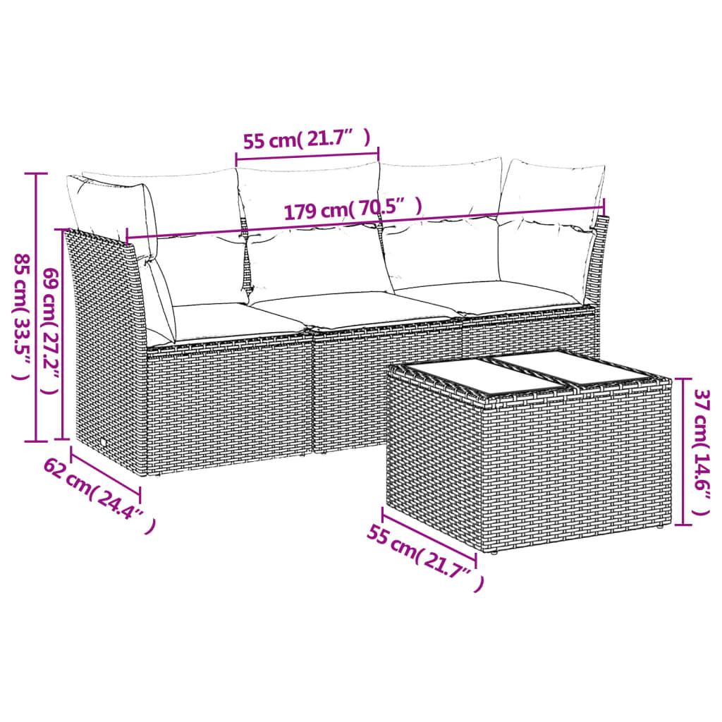Set Divano Da Giardino 4 Pz Con Cuscini Beige In Polyrattan - Image 3