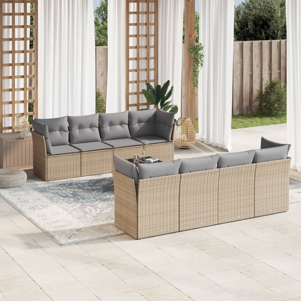 Set Divano Da Giardino 9 Pz Con Cuscini Beige In Polyrattan