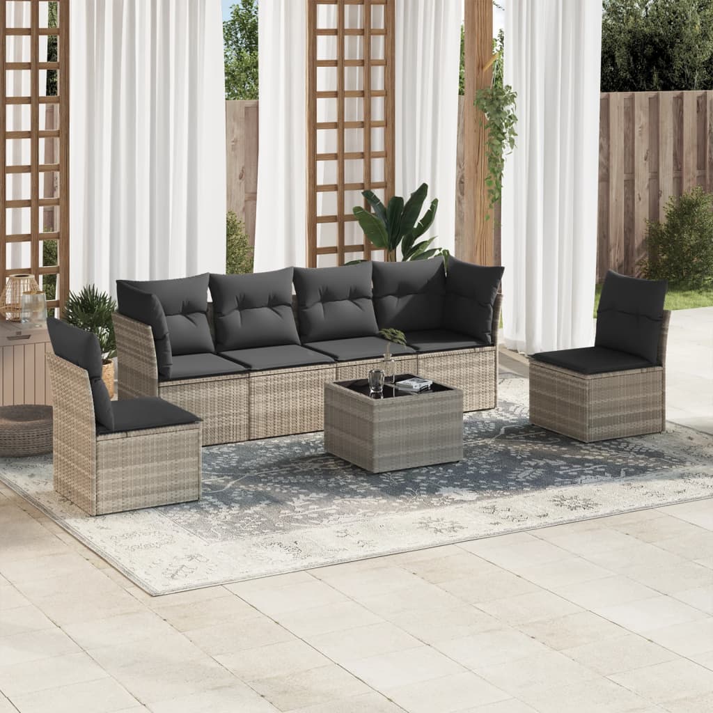 Set Divani Da Giardino 7pz Con Cuscini Grigio Chiaro Polyrattan