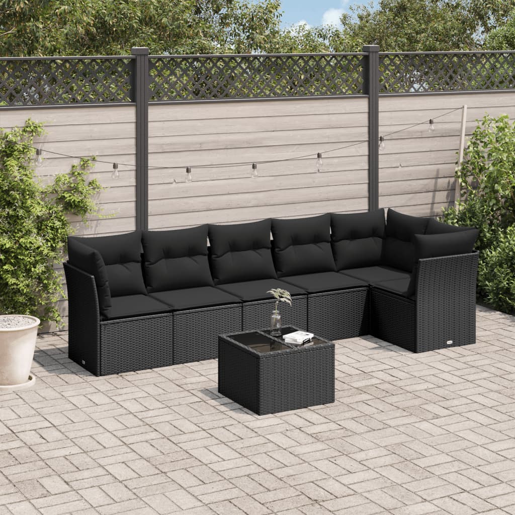 Set Divani Da Giardino Con Cuscini 7pz Nero Polyrattan