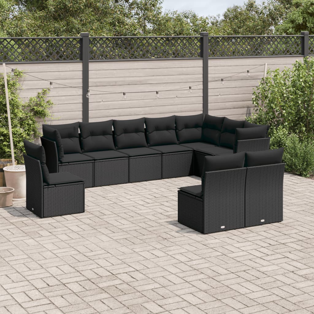 Set Divani Da Giardino 10pz Con Cuscini In Polyrattan Nero