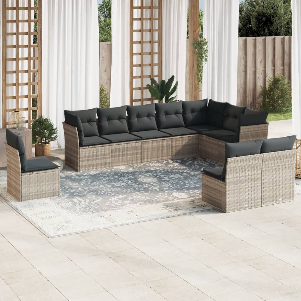 Set Divano Giardino 10 Pz Con Cuscini Grigio Chiaro Polyrattan