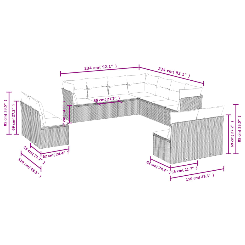 Set Divani Da Giardino 11 Pz Con Cuscini Beige In Polyrattan - Image 3