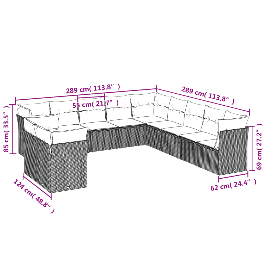 Set Divani Da Giardino 11 Pz Con Cuscini In Polyrattan Grigio - Image 3
