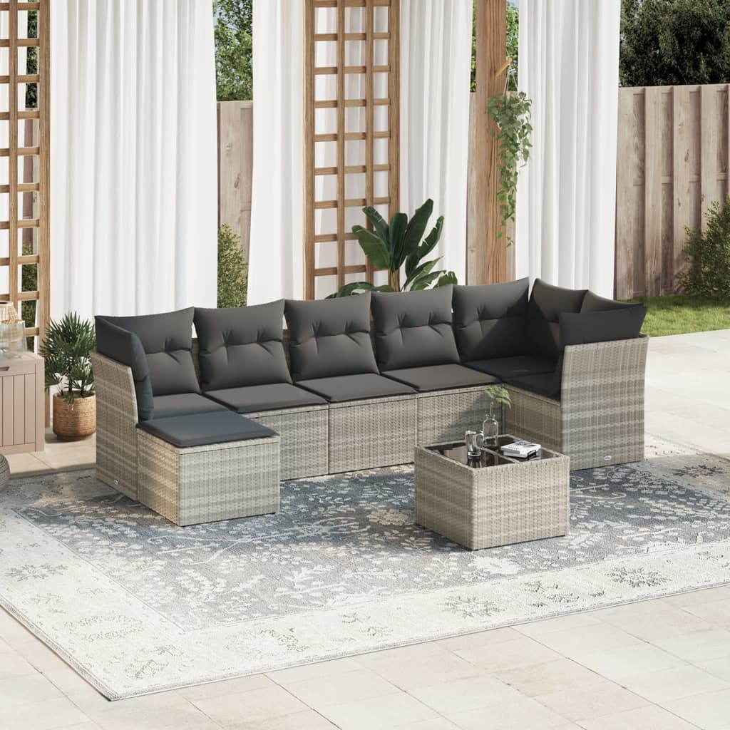 Set Divano Da Giardino 8pz Con Cuscini Grigio Chiaro Polyrattan